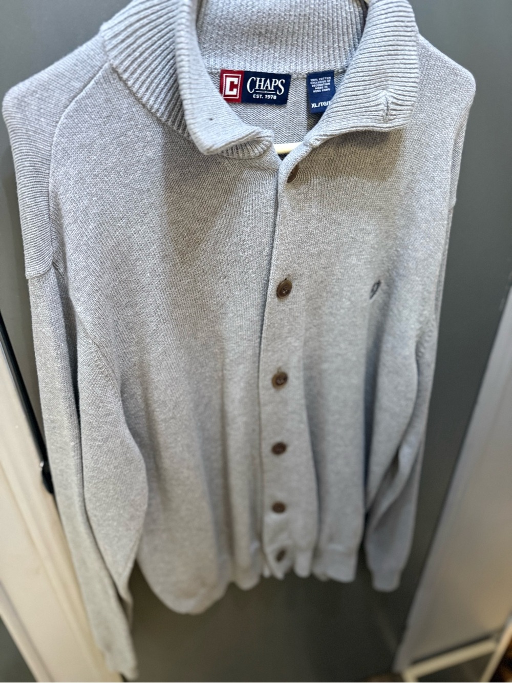 Chaps Gray Collared Button-Up Knit Grandpa core Sweater Cozy soft